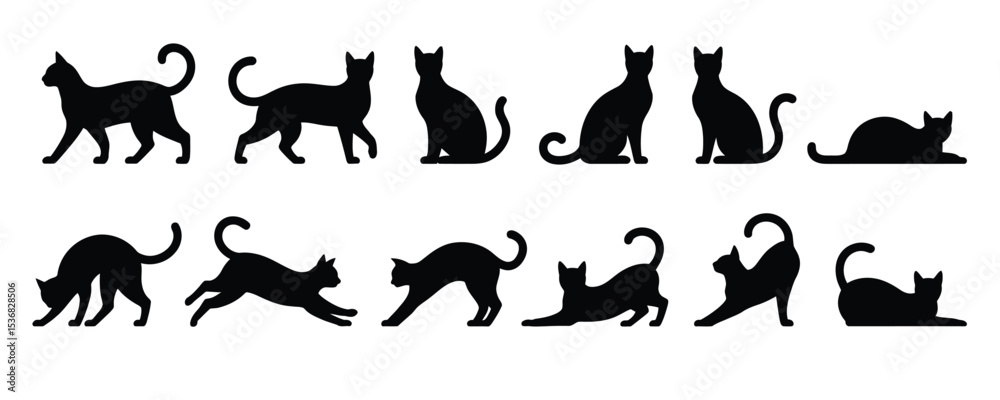 Fototapeta black cat silhouettes set in various dynamic poses including walking, sitting, stretching and playing for design and illustration use