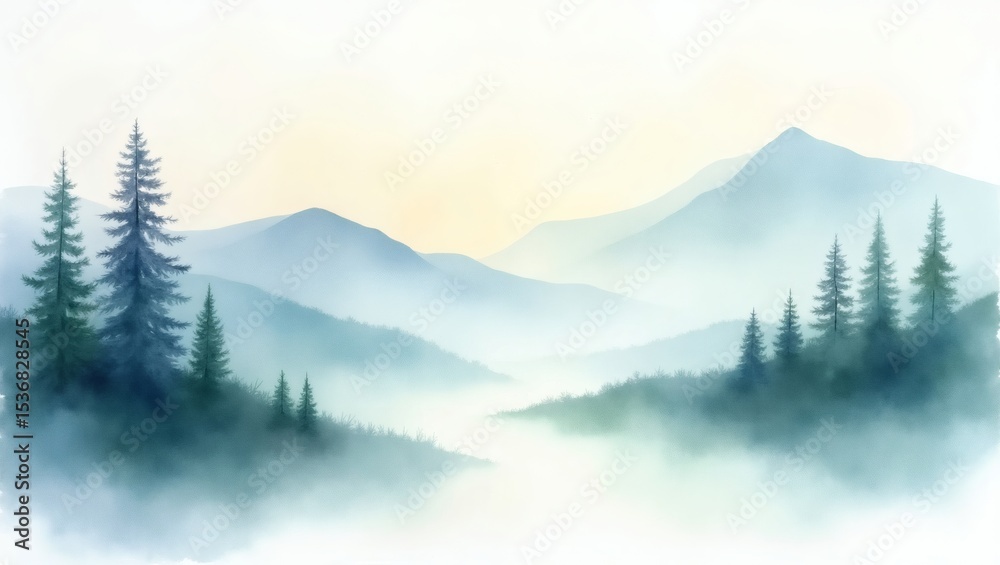 Obraz premium A serene landscape painting depicts a misty mountain scene with pine trees and a calming atmosphere. The artwork evokes a sense of tranquility and natural beauty