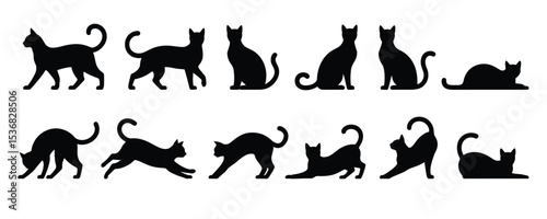 black cat silhouettes set in various dynamic poses including walking, sitting, stretching and playing for design and illustration use