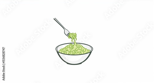 Illustration of a bowl filled with green pasta and a fork holding some of the pasta above the bowl