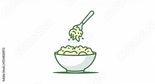 Cartoon illustration of a bowl filled with food and a fork holding more food above it