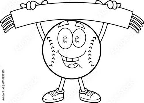 Black And White Baseball Cartoon Mascot Character Holding Scarf And Smiling