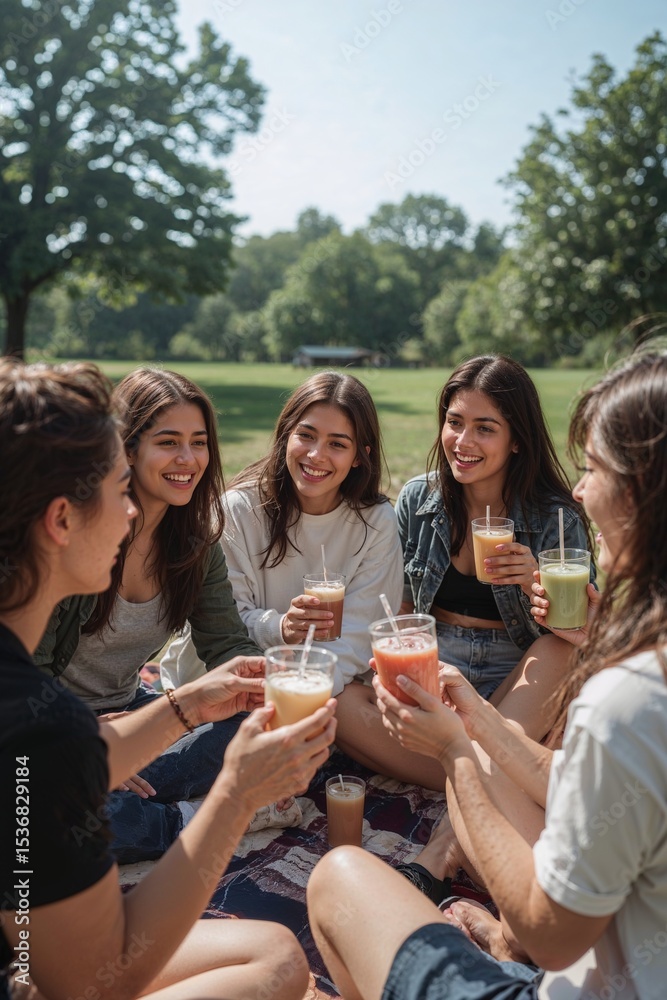 Obraz premium A group of young women enjoying smoothies together on a picnic blanket in a sunny outdoor setting