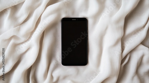 Black smartphone lying on soft cream-colored fabric with gentle folds and subtle shadows creating a cozy elegant background for technology lifestyle concept photo