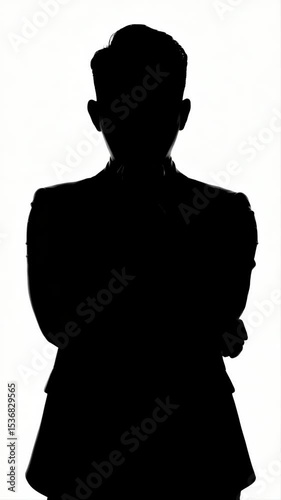 Mysterious Silhouette: A dramatic silhouette of a person in formal attire, arms crossed, stands against a stark white background, evoking a sense of mystery and intrigue.