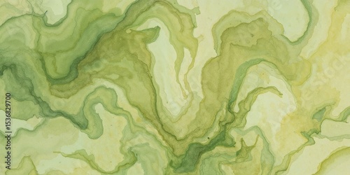 Abstract watercolor painting in shades of green and yellow with fluid organic shapes and patterns