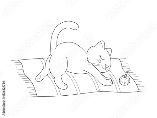 Cute cat stretches on a beach towel. Outline clip art for your projects.