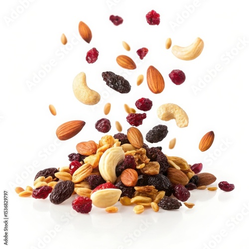 Delicious trail mix with almonds cashews cranberries and raisins falling on a pile