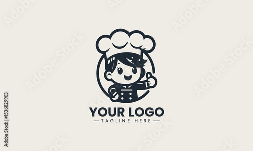Smiling cartoon female chef character in tall white hat showing thumbs up vector logo illustration design