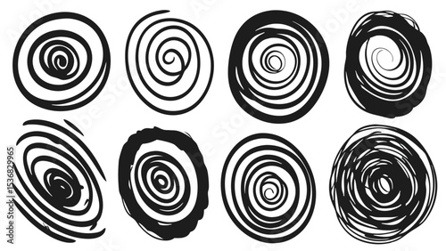 Collection of eight hand drawn black and white circular spiral shapes on a white background design element