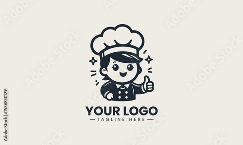 Smiling cartoon female chef character in tall white hat showing thumbs up vector logo illustration design