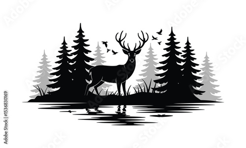 Majestic Deer Silhouette Amidst Forest Trees and Flying Birds