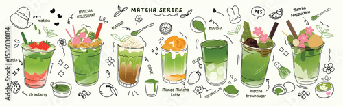 Green tea matcha drinks element design with cute doodle decoration. Set of healthy beverage, matcha latte, bamboo whisk. Vector illustration for logo, promotion, marketing, poster, package, ads. 