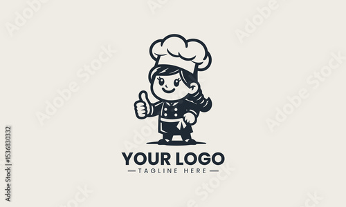 Smiling cartoon female chef character in tall white hat showing thumbs up vector logo illustration design