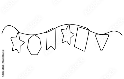 Continuous line art drawing buntings garland. Celebration party hand drawn flags. Vector linear illustration isolated on white.