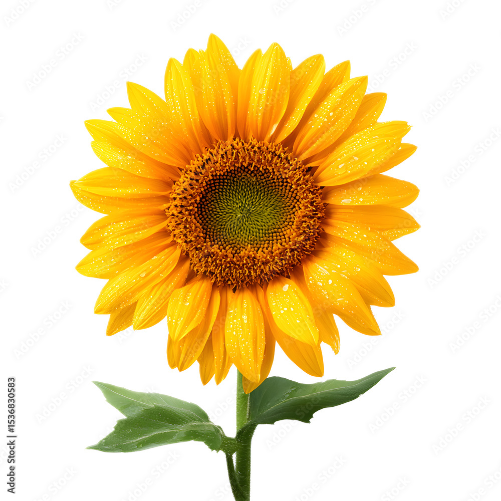 Fototapeta premium A stunning sunflower with golden petals and a bright sunlit center stands tall against a plain white background radiating warmth and natural beauty