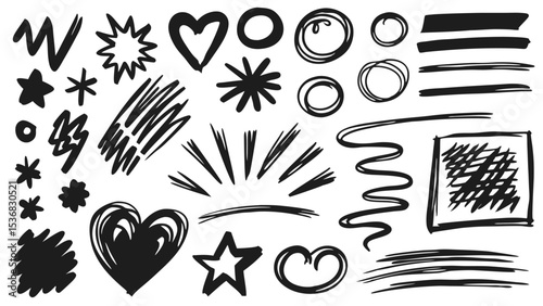 Collection of hand drawn doodle elements including hearts stars circles lines and abstract shapes design 100