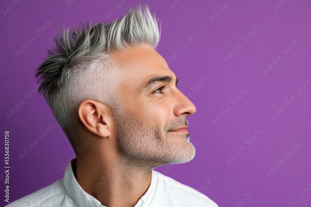 Obraz premium Purple solid background. Layout of style for aging men. Classy men's spiky hair haircut - midlife middle eastern man with middle hair. A gentle smile lighting up a maleâ€™s face.