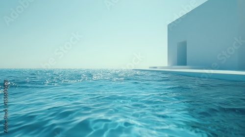 Tranquil azure water laps a white architectural structure.