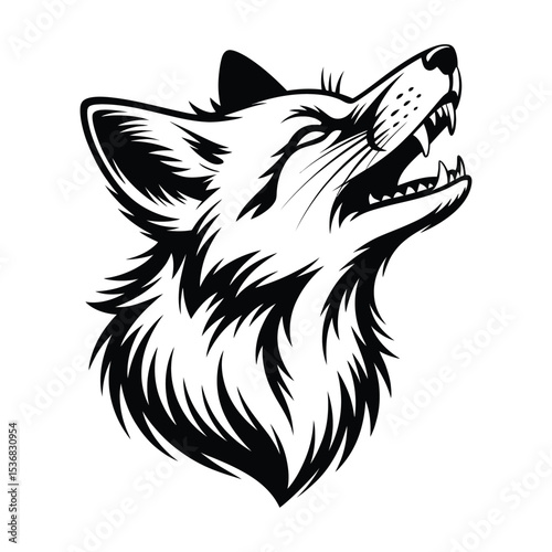 black and white stylized wolf head illustration with open mouth, detailed fur and fierce expression, perfect for tattoo or logo design