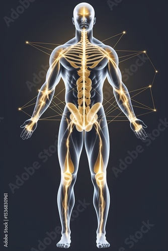 A human full-body silhouette with a transparent overlay of fascia lines and planes shown as fine glowing strands connecting muscle groups