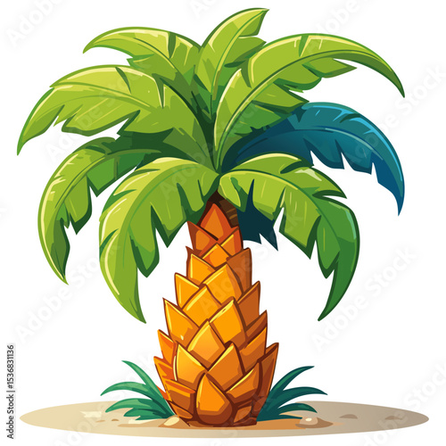 Palm tree vector color illustration. Image of tropical plant with stem on isolated background.