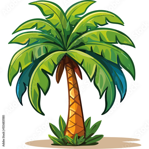 Palm tree vector color illustration. Image of tropical plant with stem on isolated background.