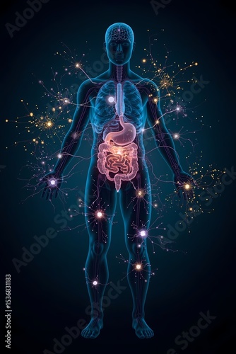 A full-body human silhouette with glowing abstract neural connections linking the brain to the gut area overlaid with soft organic particle swirls representing the gut microbiota
