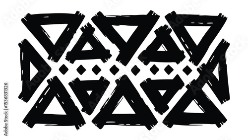 Black and white geometric pattern with triangles and squares in a brush stroke style design element