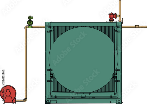 Isometric Front View of Industrial Gasholder System with Piping and Safety Equipment