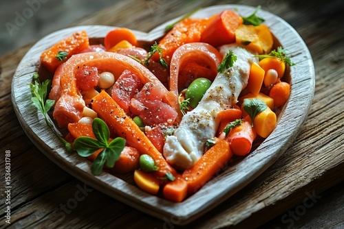 A Heart-Healthy Meal on a Heart-Shaped Plate: Low-Sodium Foods on a Wooden Surface