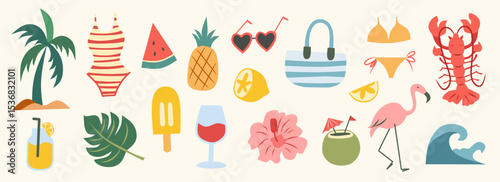 Wallpaper Mural Doodle summer vacation illustration set. Beach and sea travel flat elements. Hand drawn palm tree, lemon, lobster, seafood, wine, bikini, cocktail. Coastal collection for card, prints, poster, banner. Torontodigital.ca
