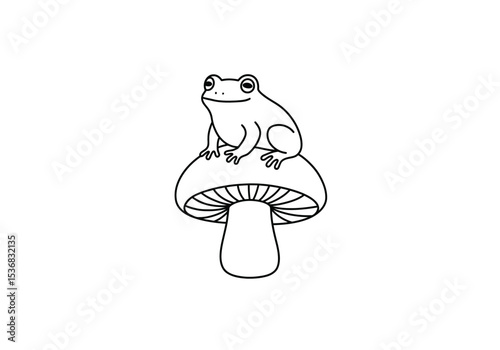 Frog on mushroom drawing. It is a black and white outline image of a cute frog sitting atop a mushroom, evoking a whimsical woodland scene. Vector sketch line art draw.