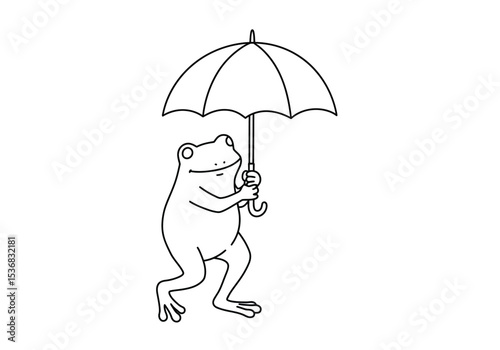 Frog umbrella drawing. It is a black and white outline image of a charming frog holding an umbrella, suggesting a whimsical or rainy scene. Vector sketch line art draw.