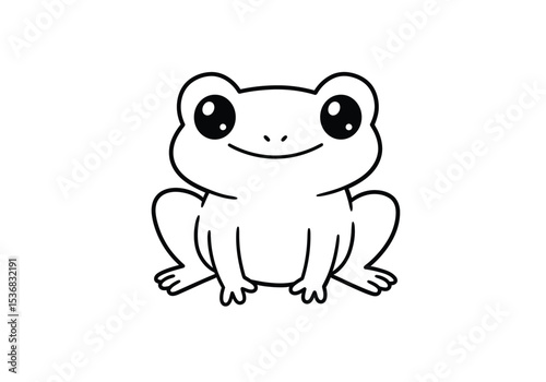 Kawaii frog drawing. It is a black and white outline image of an adorable, smiling frog in the cute "kawaii" style, facing directly forward. Vector sketch line art draw.