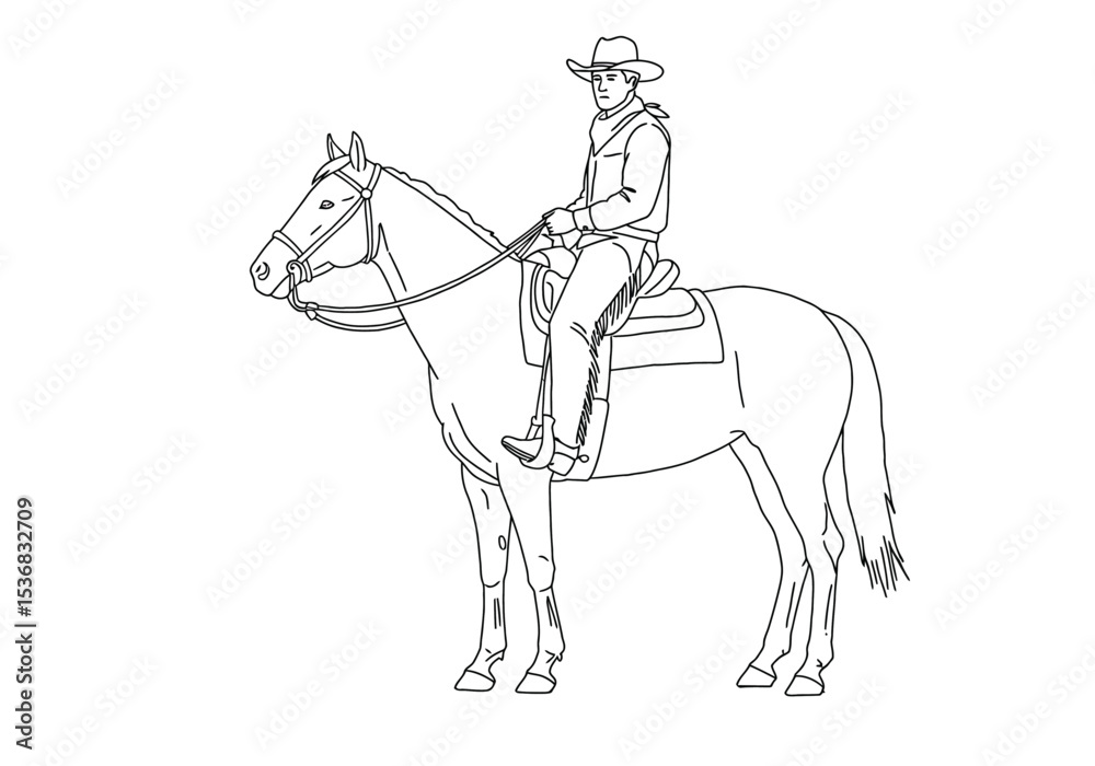 Fototapeta premium Cowboy horse drawing. It is a black and white outline image of a cowboy riding a horse, representing a classic western equestrian scene. Vector sketch line art draw.