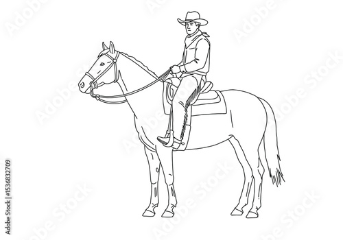 Cowboy horse drawing. It is a black and white outline image of a cowboy riding a horse, representing a classic western equestrian scene. Vector sketch line art draw.