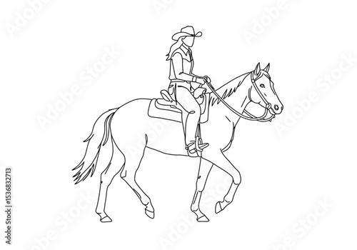Cowgirl on horse drawing. It is a black and white outline image of a cowgirl riding a horse, representing a classic western equestrian scene. Vector sketch line art draw.