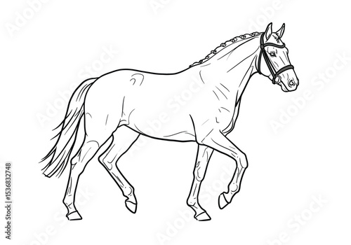 Dressage horse drawing. It is a black and white outline image of a dressage horse, showcasing the elegance and precise training of this equestrian discipline. Vector sketch line art draw.
