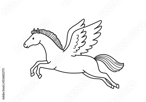 Flying horse drawing. It is a black and white outline image of a flying horse, a mythical Pegasus with wings, representing fantasy and freedom. Vector sketch line art draw.