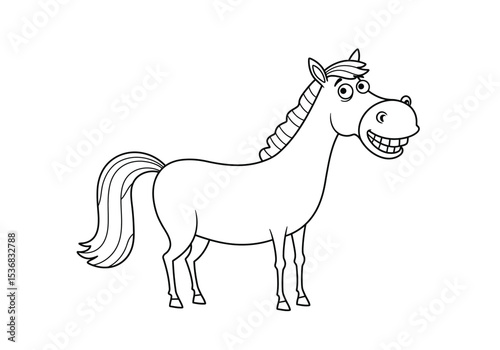 Funny horse drawing. It is a black and white outline cartoon of a funny horse, featuring an exaggerated, smiling expression. Vector sketch line art draw.