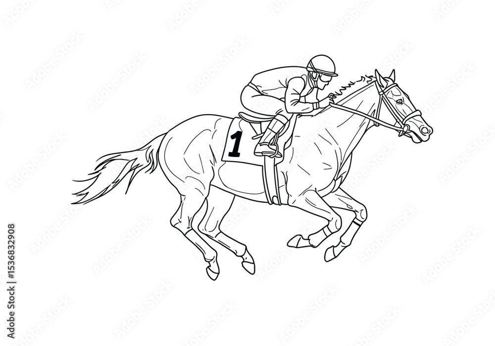 Fototapeta premium Horse racing drawing. It is a black and white outline image of a racehorse and jockey, capturing the speed and excitement of horse racing. Vector sketch line art draw.