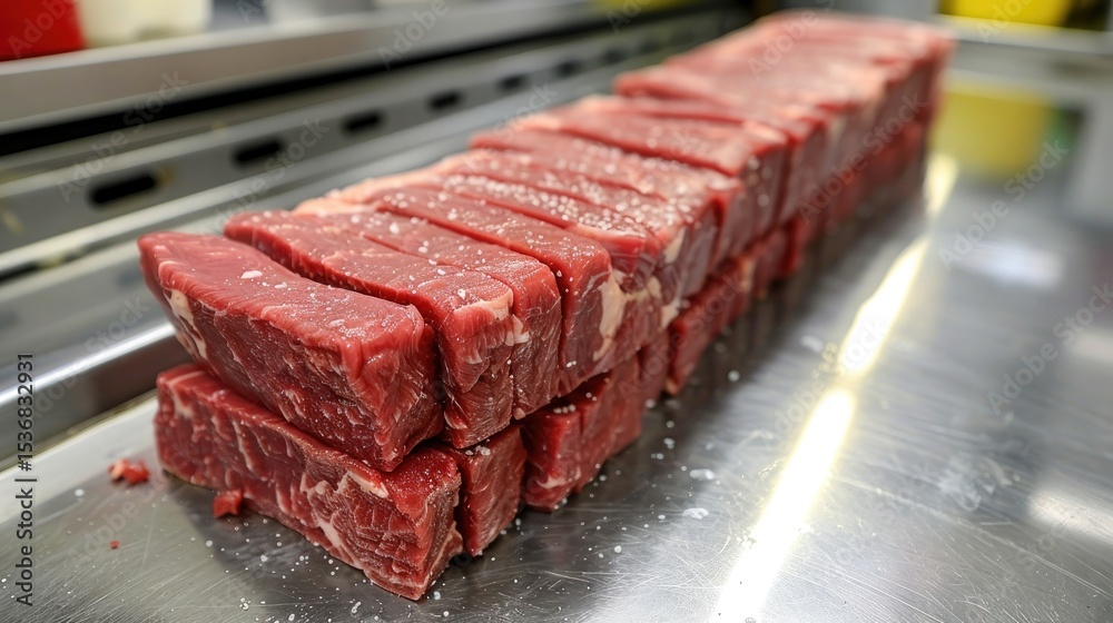 Fototapeta premium Fresh raw beef cut up on stainless steel table in industrial meat processing plant. Butchery, food production, meat industry and cooking ingredients concept.