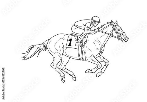 Horse racing drawing. It is a black and white outline image of a racehorse and jockey, capturing the speed and excitement of horse racing. Vector sketch line art draw.