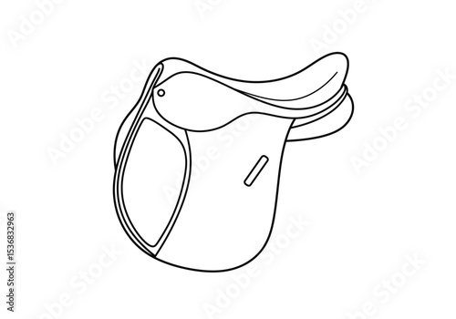 Horse saddle drawing. It is a black and white outline image of a horse saddle, a key piece of equestrian tack used for riding. Vector sketch line art draw.