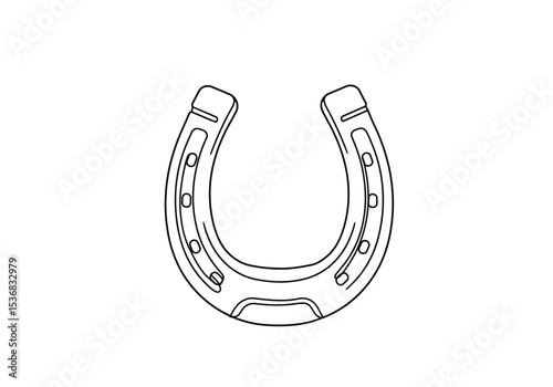 Horse shoe drawing. It is a black and white outline image of a horseshoe, a traditional symbol of luck and protection for horses. Vector sketch line art draw.
