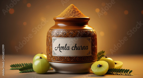 Traditional Amla Churna Powder in Ornate Ceramic Jar with Fresh Indian Gooseberries photo
