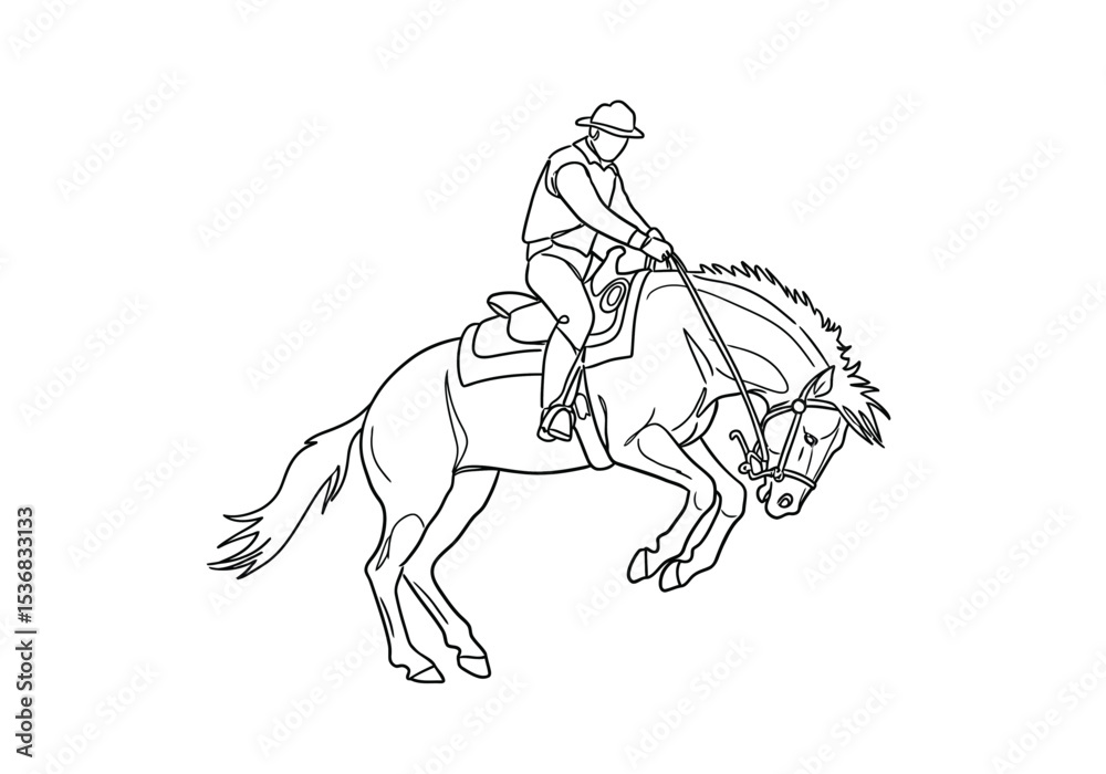 Obraz premium Bronc rider drawing. It is a black and white outline image of a bronc rider, depicting a cowboy riding a bucking horse in a dynamic rodeo scene. Vector sketch line art draw.