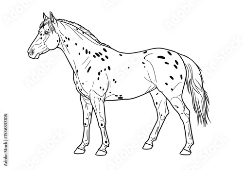 Appaloosa horse drawing. It is a black and white outline image of an Appaloosa horse, a distinctive American horse breed known for its colorful spotted coat patterns. Vector sketch line art draw.