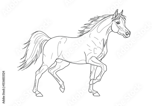 Arabian drawing. It is a black and white outline image of an Arabian horse, an ancient and elegant breed known for its distinctive head and high tail carriage. Vector sketch line art draw.